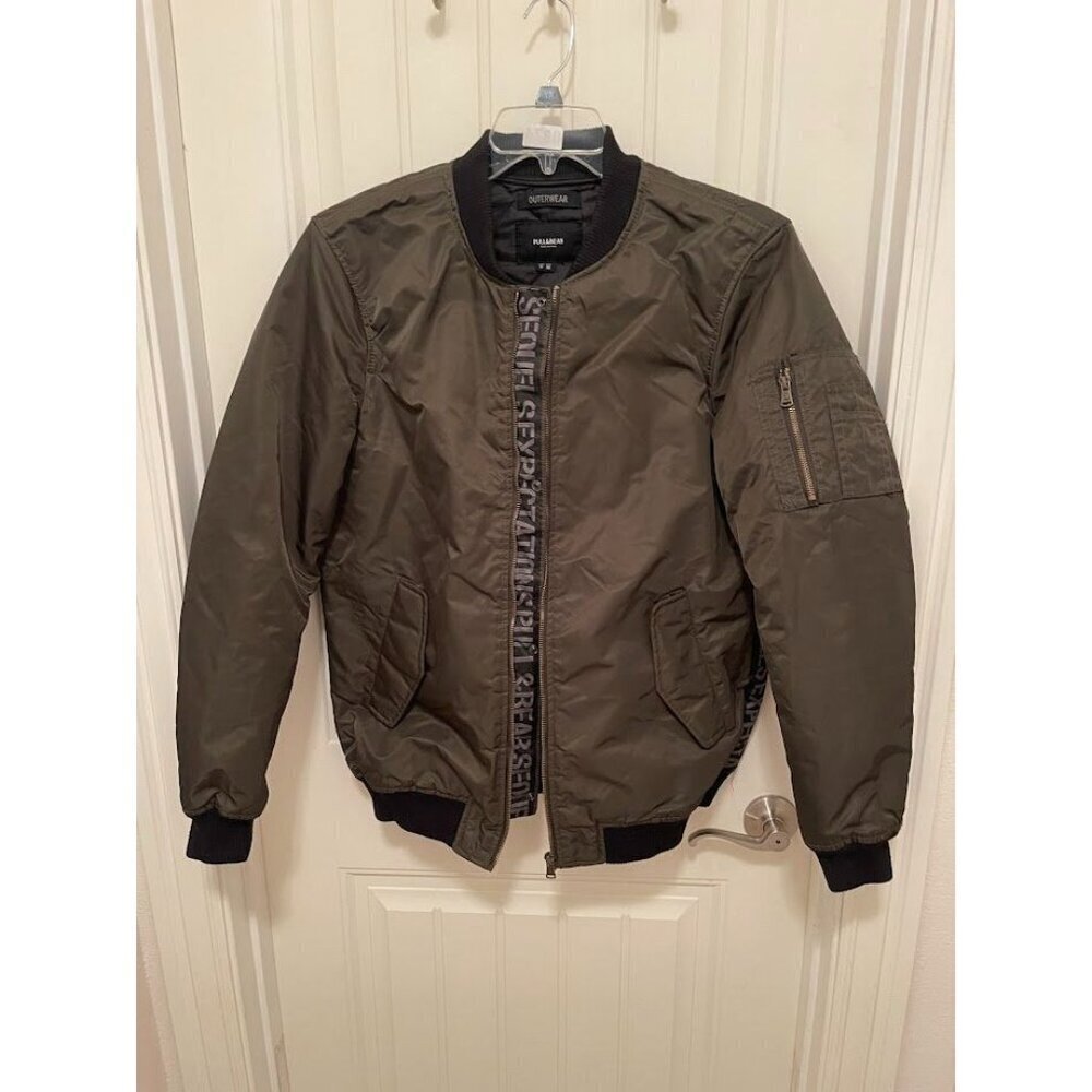 Pull & Bear Men's Olive Green Bomber Jacket Size M